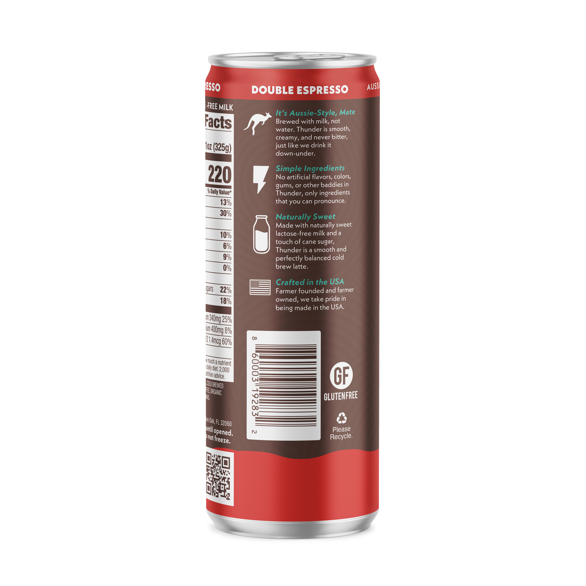Side of the Thunder CoffeeMilk Double Espresso Latte can showing ingredients, storage information, and barcode