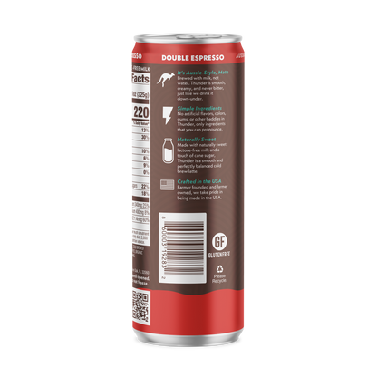Side of the Thunder CoffeeMilk Double Espresso Latte can showing ingredients, storage information, and barcode