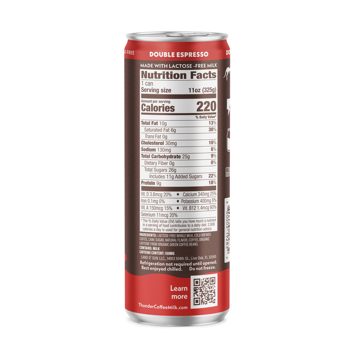 Back of the Thunder CoffeeMilk Double Espresso Latte can showing the Nutrition Facts panel, 220 calories per can