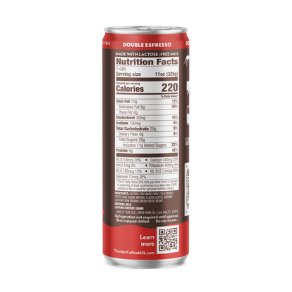 Back of the Thunder CoffeeMilk Double Espresso Latte can showing the Nutrition Facts panel, 220 calories per can