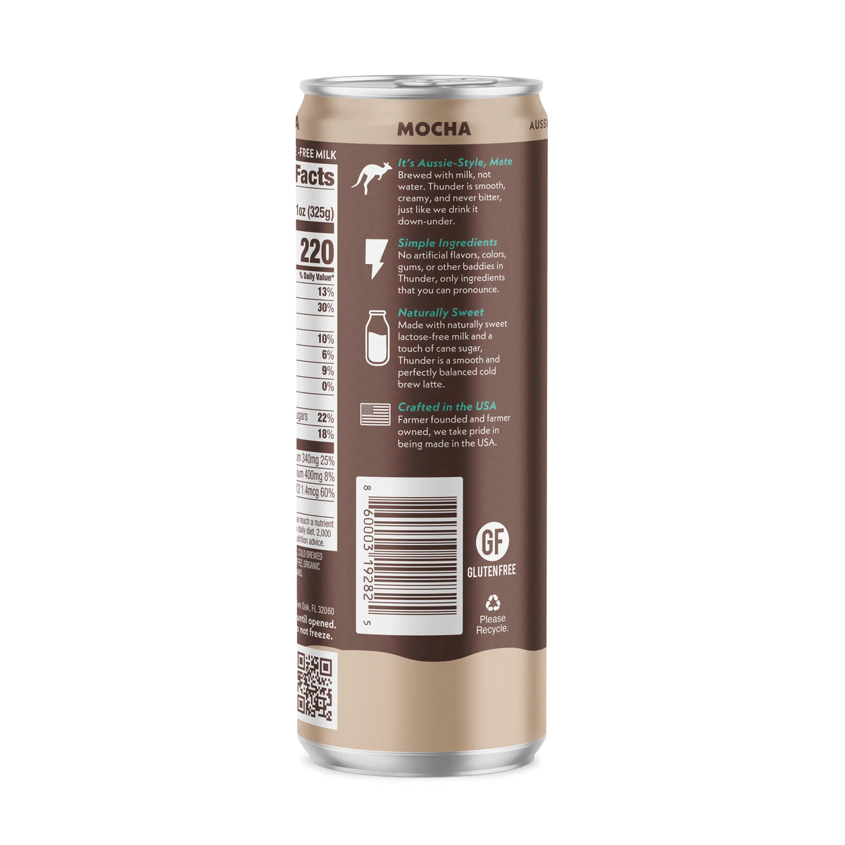Side of the Thunder CoffeeMilk Mocha Latte can showing ingredients, storage information, and barcode