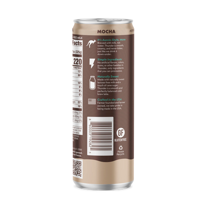 Side of the Thunder CoffeeMilk Mocha Latte can showing ingredients, storage information, and barcode