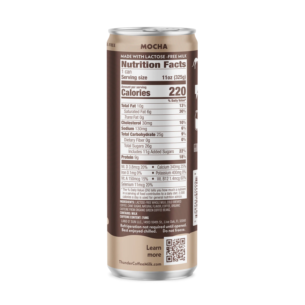 Back of the Thunder CoffeeMilk Mocha Latte can showing the Nutrition Facts panel, 220 calories per can