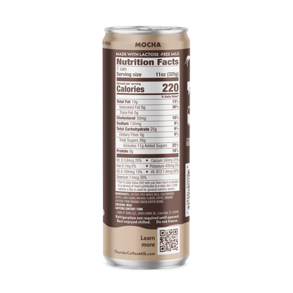 Back of the Thunder CoffeeMilk Mocha Latte can showing the Nutrition Facts panel, 220 calories per can
