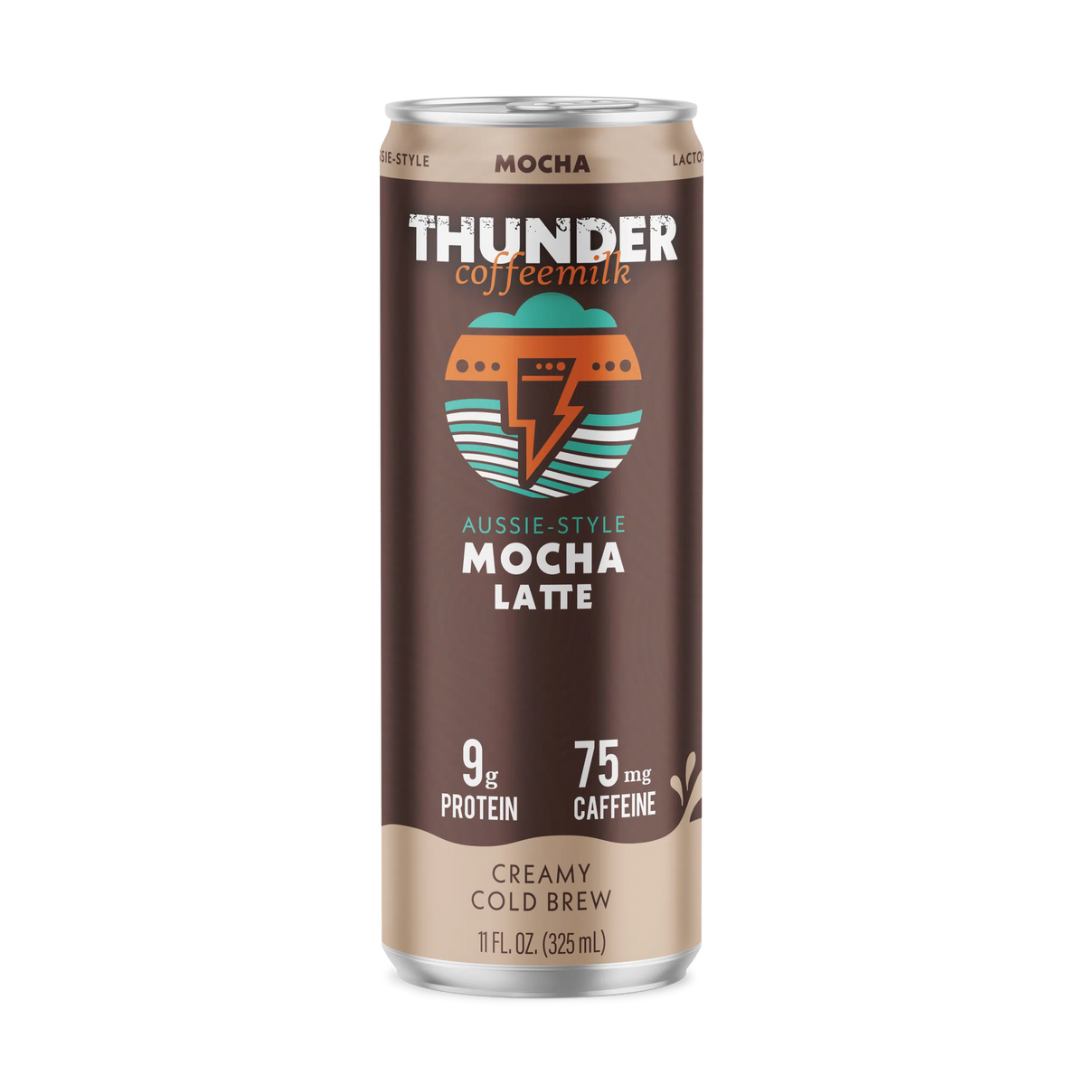 Front of the Thunder CoffeeMilk Mocha Latte can, creamy cold brew with 9g protein and 75mg caffeine, 11 fl oz