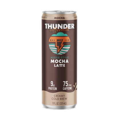 Front of the Thunder CoffeeMilk Mocha Latte can, creamy cold brew with 9g protein and 75mg caffeine, 11 fl oz
