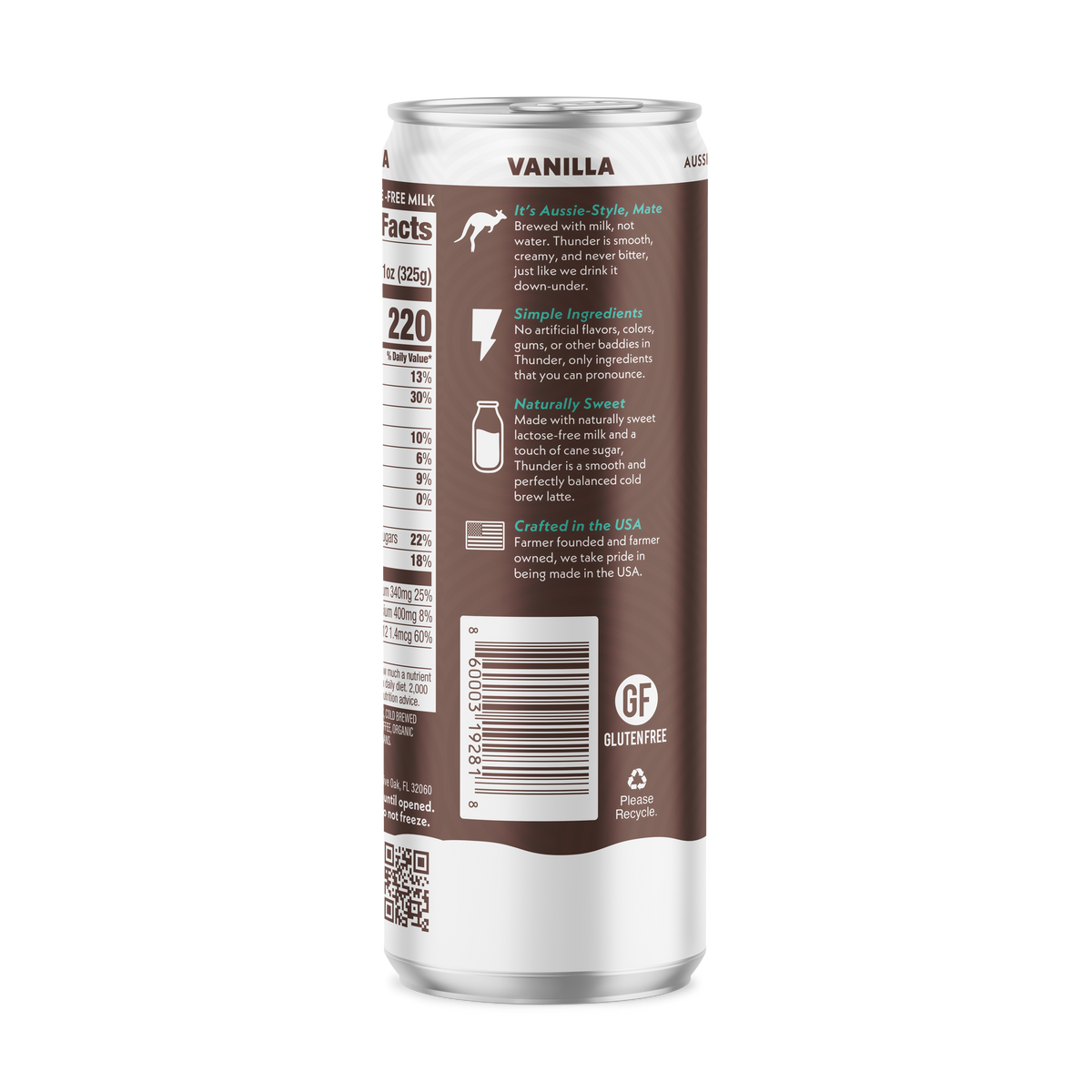 Side of the Thunder CoffeeMilk Vanilla Latte can showing ingredients, storage information, and barcode