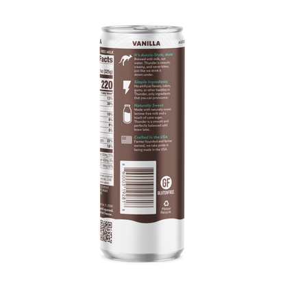 Side of the Thunder CoffeeMilk Vanilla Latte can showing ingredients, storage information, and barcode