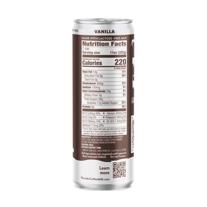 Back of the Thunder CoffeeMilk Vanilla Latte can showing the Nutrition Facts panel, 220 calories per can