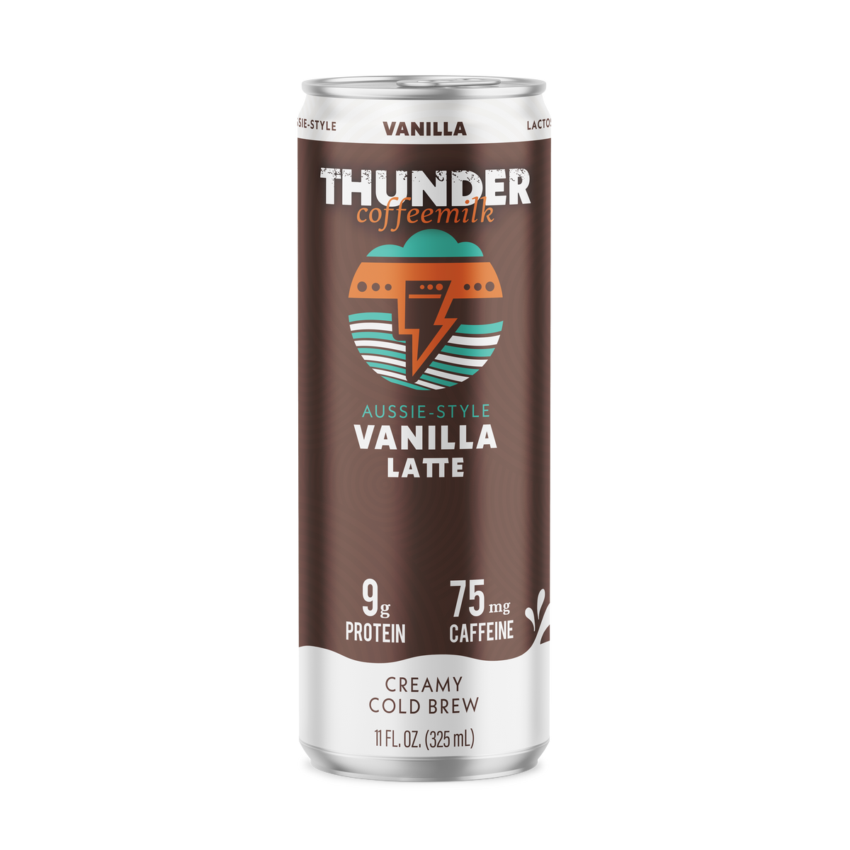 Front of the Thunder CoffeeMilk Vanilla Latte can, creamy cold brew with 9g protein and 75mg caffeine, 11 fl oz