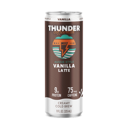 Front of the Thunder CoffeeMilk Vanilla Latte can, creamy cold brew with 9g protein and 75mg caffeine, 11 fl oz