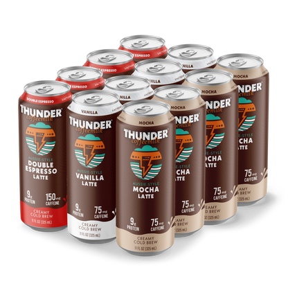 Thunder CoffeeMilk Variety 12-Pack box with Double Espresso, Mocha, and Vanilla lactose-free coffee milk cans