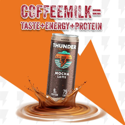 Thunder CoffeeMilk Mocha Latte can on an orange background with the tagline "Coffeemilk = taste + energy + protein"
