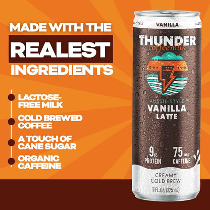 Thunder CoffeeMilk Vanilla Latte can, made with the realest ingredients: lactose-free milk, cold brewed coffee, a touch of cane sugar, and organic caffeine